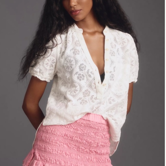 Pilcro by Anthropologie The Aly Puff-Sleeve Sheer Blouse Off White Size LP - Picture 1 of 8